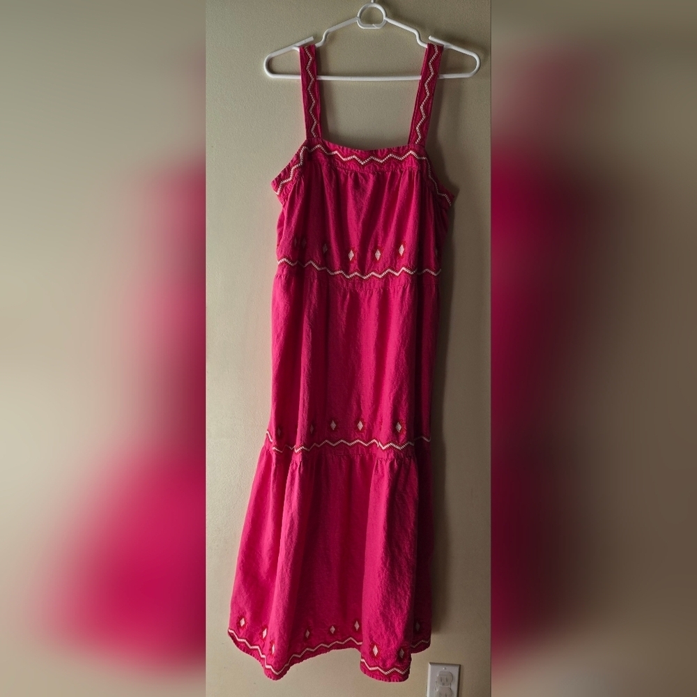 LOFT Bright Pink Midi Dress with Embroidered Tiered Square Neck Size M - Picture 7 of 7